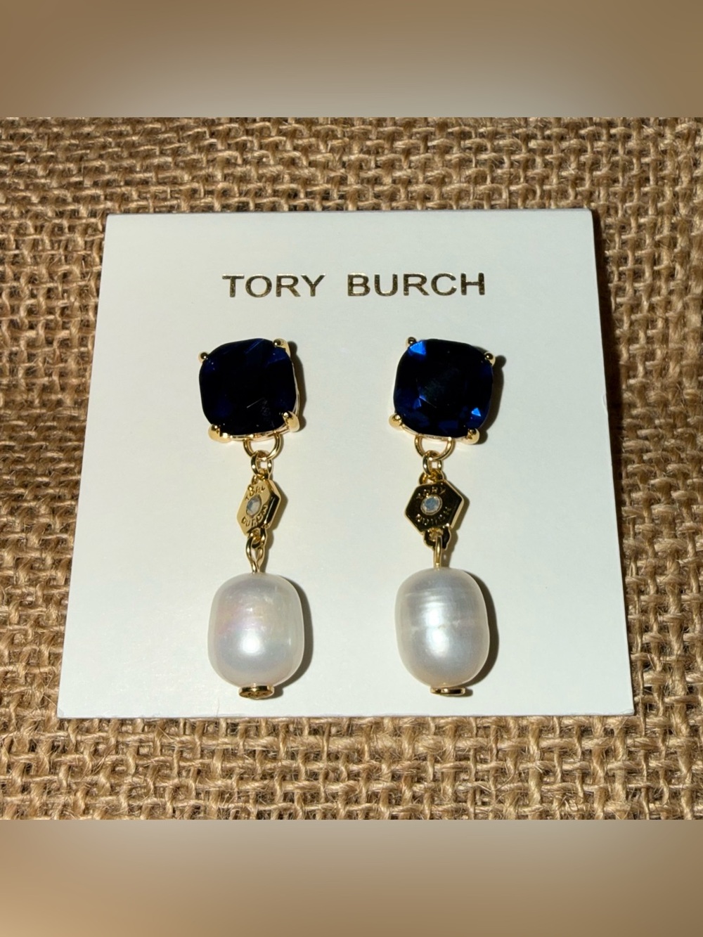 NWT TORY BURCH Gold-Tone Navy Crystal & Freshwater Pearl Drop Earrings.